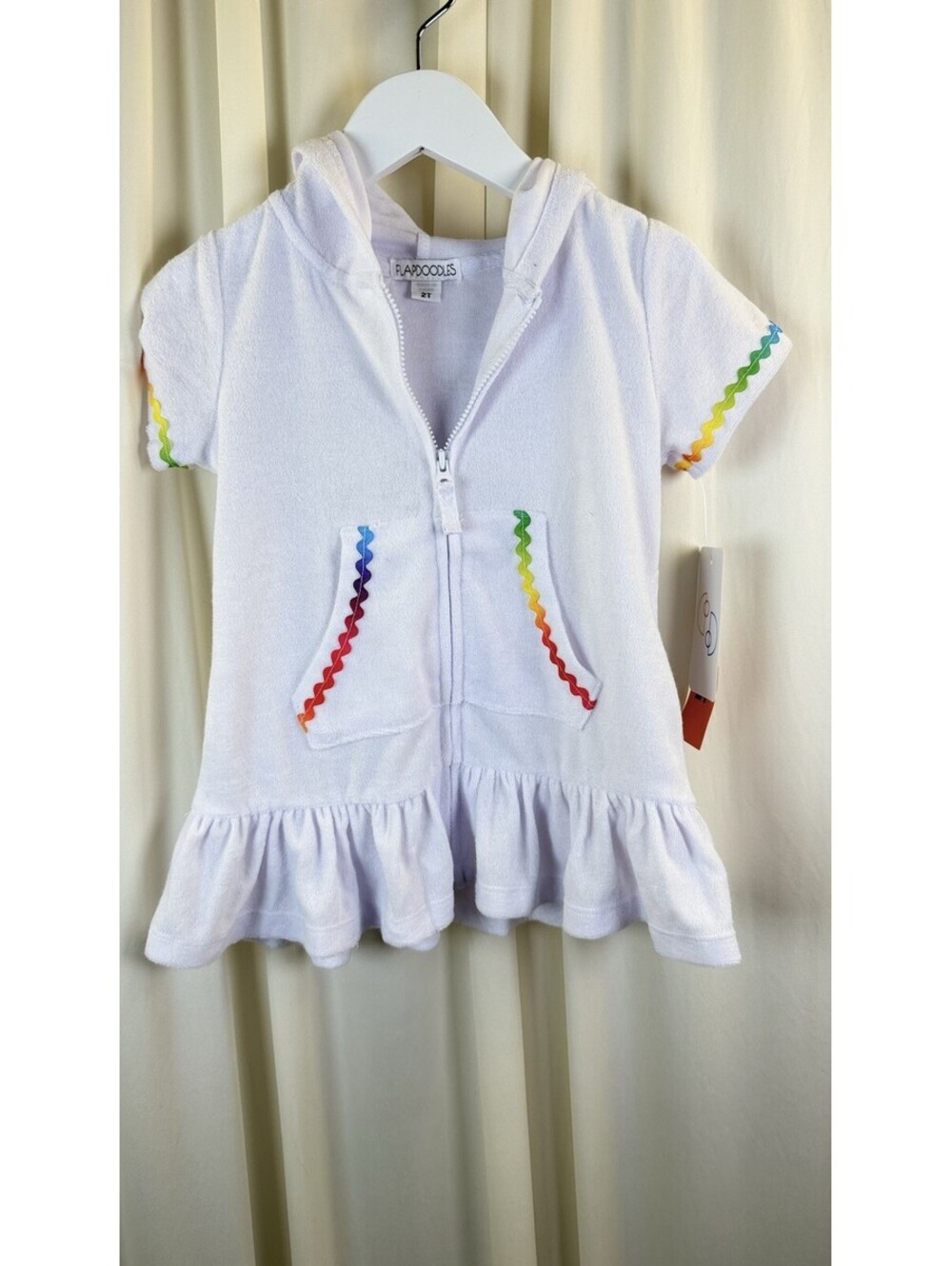 FlapDoodles Hooded Full Zip Terry Coverup White Rainbow Trim NWT 2T Summer Pool